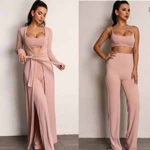 3 piece Belted Coat & Pants Set With Cami Crop